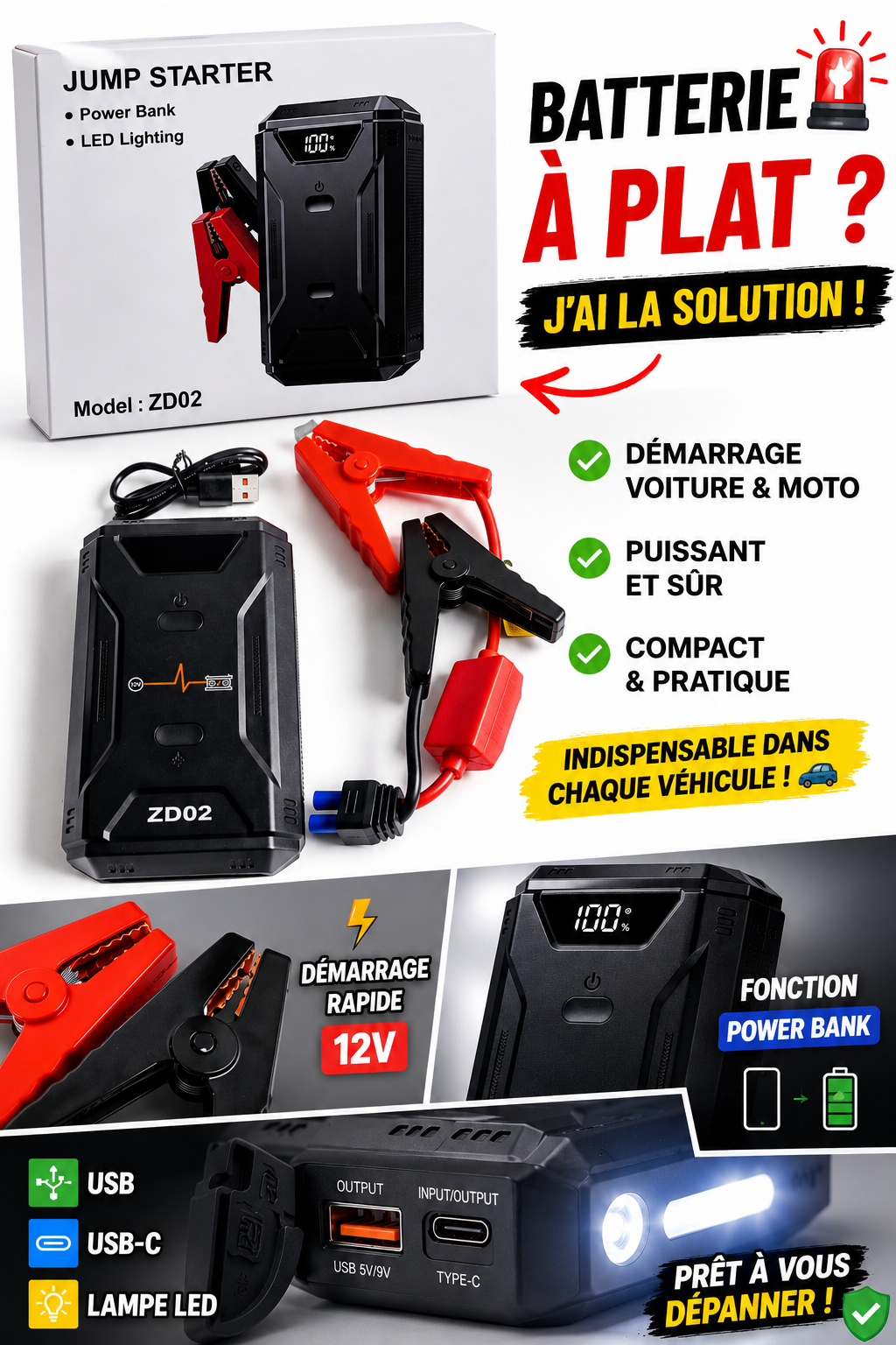 Booster Batterie Multifonction – Voiture, Moto, Lampe LED & SOS